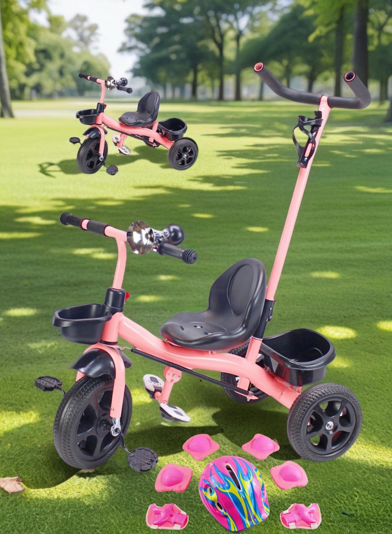 إيزي فيتشور دراجة ثلاثية العجلات للأطفال من إيزي فيوتشر، لعبة ركوب مزودة بمقبض دفع للوالدين وسلة تخزين (متوفرة بألوان الرمادي والأحمر والوردي). تتضمن العبوة مجموعة كاملة من معدات الحماية. - Image 1